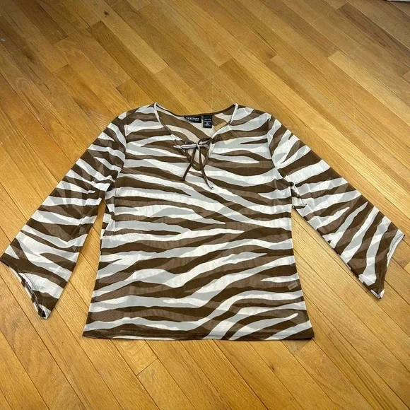 Y2K brown and white zebra mesh fairy sleeve top - Picture 1 of 3